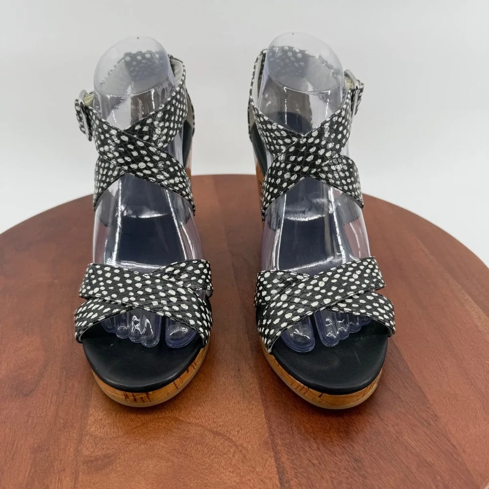 Cole Haan Wedge Sandals Black White‎ Snakeskin Print Cork Grand.OS Womens 8B